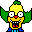 Pixelated cartoon character with yellow face, green hair, red nose, blue shirt, and green wings, displayed in a of six variations showing mouth and eye changes