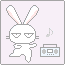 A 4-frame pixel art animation of a white rabbit character dancing next to a boombox on a light purple background, with musical notes appearing and disappearing across frames.