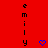 Red background with vertical black text 'emily' repeated three times, blue heart and checkmark symbols in different positions across frames.
