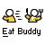 Animated contact sheet showing two frames of a yellow stick figure buddy icon with fork and knife props, labeled "Eat Buddy" in pixelated text on gray background.