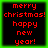 Four identical pixelated display red text on black backgrounds with green borders, each reading 'merry christmas! happy new year!' in a retro digital style