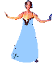 A woman in a light blue gown with a dark strapless bodice performs a sequence of dance poses against a solid gray background.