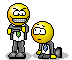 Pixelated yellow emoji figures in business attire, one standing with a green tie pin and the other kneeling on gray background.