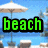 Beach scene with umbrellas and lounge chairs under a blue sky, featuring green text reading 'beach' and 'lover' in pixelated font.