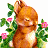 Animated orange cat with closed eyes, surrounded by green leaves and pink flowers on a white background.