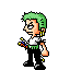 Pixel art character with green spiky hair, white shirt, black pants, and yellow earrings in multiple poses holding swords or weapons.