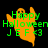 Pixelated orange ghost with raised arms and two eyes, green text reading "Happy Halloween JEF <3" on black background.