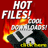 Red background with fiery orange-yellow flames behind a black floppy disk icon; white 'HOT FILES!' text above, gray 'COOL DOWNLOADS!' below, yellow 'click here' text at bottom.