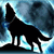 Silhouette of a wolf standing on a rock under a large moon, with blue and white light effects surrounding it.