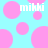 Light blue background with scattered pink circles and white text reading "mikhi" in pixelated font.