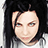 A pixelated image of a person with long dark hair and light skin, wearing a white top against a red background with partial text.