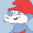 Pixelated cartoon character with red hat, blue body, white face, and dark mouth against light blue background.