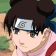 Anime character with dark brown hair in twin buns, silver headband with spiral symbol, pink sleeveless top over red garment, neutral expression.