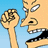 Pixelated cartoon icon showing a character's face and raised fist against light blue background.