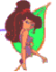 Pixelated cartoon character with long brown hair and green wings walks left to right, first with back turned, then turning to face forward.