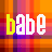 A 4-frame animated contact sheet showing the word 'babe' with alternating yellow and white lettering on a pixelated orange-purple plaid background.