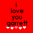 Red background with black text reading "i love you garrett" and six white/pink hearts below, showing animation where the third heart from left changes color.