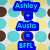 Pixelated blue text blocks display "Ashley," "Audio," and "2FFL" over a patterned background of light blue, brown, and yellow circles.