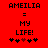 Red background with black pixelated text reading 'AMEILIA = MY LIFE!' and five symbols below, where the third symbol changes from a red heart to a black star.
