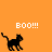 Pixelated black cat icon with 'BOO!!!' text on orange background, showing three sequential poses across a gray platform edge.