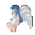 Pixel art animation of a blue-haired angelic figure with white wings sitting in four sequential poses on a gray background.
