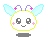 Pixel art character with white face, light blue wings, purple antennae with pink stars, and pink cheek marks in four variations showing different expressions and a heart prop.