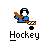 Pixelated icon of a hockey player in blue uniform holding a brown stick, with a black puck below and 'Hockey' text beneath the figure.