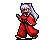 Pixel art character in red kimono with silver hair and cat ears, holding a sword in two walking poses against gray background.