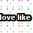 Pixelated text reads 'love like you've never loved before.' on a background with diagonal pink and green stripes and scattered multicolored squares.