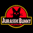 Pixelated logo featuring a black cat silhouette with red eyes inside a yellow circular border, overlaid on a red semi-circle background and white text reading 'Jurassic Park' in a rectangular frame.