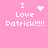 Pink background with white pixelated text 'I Love Patrick!!!!!!' and four distinct animated heart symbols in different positions.