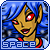 Pixelated avatar with blue hair, red eyes, and a white-and-red top displaying 'SPACE' text at the bottom.