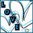 Pixelated icon displays the word LOVE in blue and black letters with light blue and gray abstract lines on white background.
