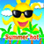 Animated sun character with sunglasses, palm trees, and a beach sign under a blue sky with clouds.
