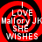 Red and black spiral background with white text reading LOVE Mallory JK SHE WISHES arranged in a pattern