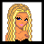 Pixel art of a blonde woman in black crop top and jeans, with three facial expressions and two clothing views
