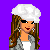Pixel art character with white chef hat, sunglasses, and gray jacket over white shirt on purple background.