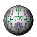 A spherical object with floral patterns rotates, displaying green vines and purple flowers against a white background.