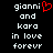 Pixelated text displays 'gionni and kara in love forevr' with a red heart symbol replacing the 'i' in 'gionni' on the left side of a split-screen view.