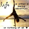 A person performs a handstand on a beach at sunset with text reading 'life is either a daring adventure, or nothing at all' in pixelated font.
