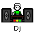 Pixel art of a DJ character with headphones, green shirt, and white face between two speakers on gray background.