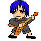 Pixel art character with blue hair playing orange electric guitar, static pose