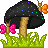 Pixel art contact sheet of four animated frames showing a black mushroom with blue and purple dots, green grass base, pink bow on left stem, orange snail on top right, and subtle frame-to-frame variations in the snail's position and bow orientation.