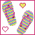 Four display rainbow-striped flip-flops with heart symbols; hearts change color