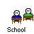 Pixel art animation of a school scene with characters at desks, showing text bubbles and time progression.