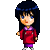 Pixelated anime-style character with long dark hair, blue eyes, red top, purple collar and skirt, white shoes, and a pink heart floating between two poses.