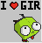 Pixelated icon shows green cartoon character with large eyes and red mouth, above text 'I ❤️ GIR' on gray background.