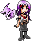 Pixel art character with purple hair and red eyes, holding a small brown animal, standing against gray background with purple wing-like shape.