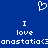 Blue background with white pixelated text and symbols: two 'I love' lines, 'anastasia<3' repeated, and a heart outline above.