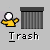 Pixel art of a yellow-shirted figure interacting with a gray striped trash can across four states, with text labels Trash, Can, Dancing, and Buddy.